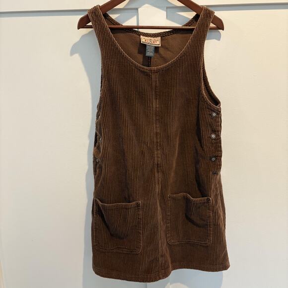 Vintage Express Dress Womens Small Brown Corduroy Jumper Side Buttons 90s - Picture 1 of 10